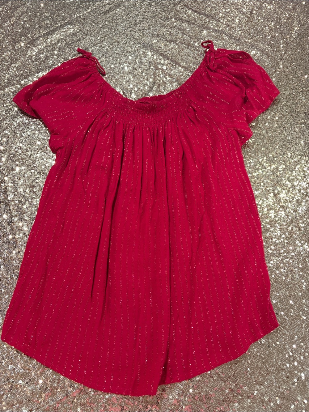 Maurices Red Metallic-Striped Off-Shoulder Top
